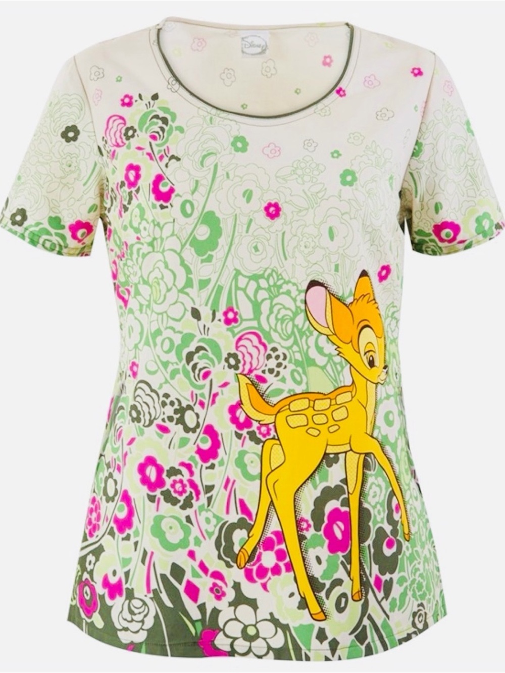 DISNEY SCRUB BAMBI Floral Top in Cream, Green & Pink